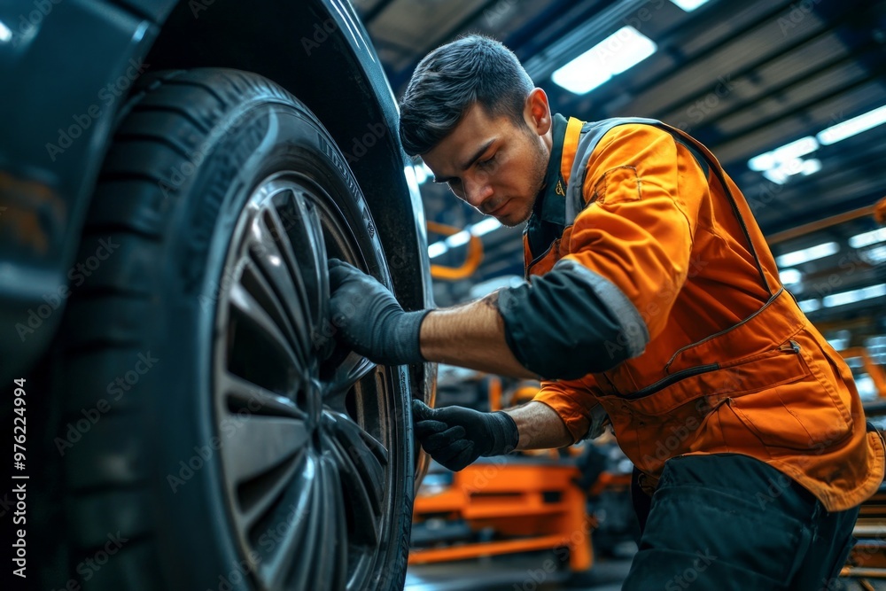 Mechanic in orange uniform fixing car tire in garage workshop Mechanic in orange uniform fixing car tire in garage workshop