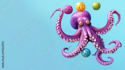 Funny octopus juggling colorful balls against a blue background. photo