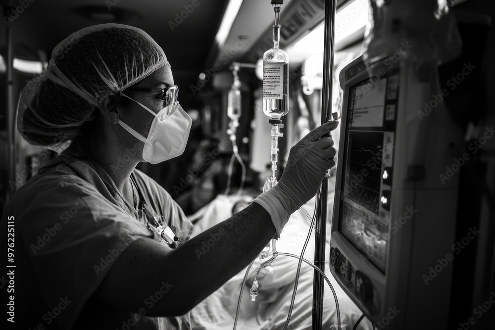 Healthcare professional monitoring patient in hospital intensive care unit Healthcare professional monitoring patient in hospital intensive care unit