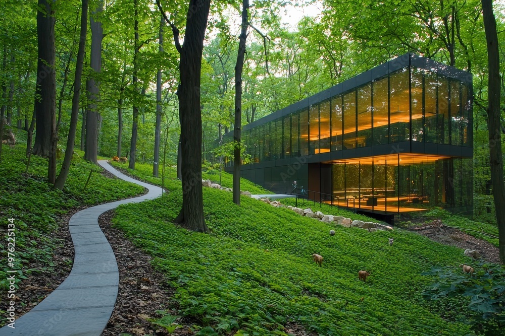Scenic wooden footpath through lush green forest with modern glass structure in distance