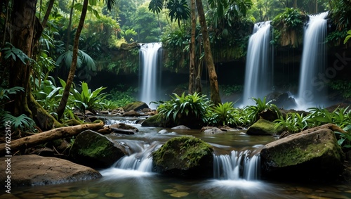 Tropical rainforest waterfall in a jungle setting.