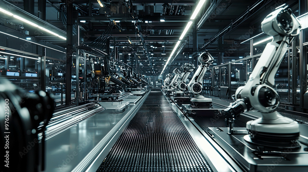 Wide view of robotic production floor, sharp lighting, detailed chrome textures Wide view of robotic production floor, sharp lighting, detailed chrome textures