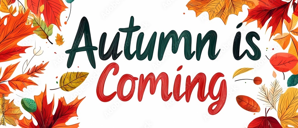 Obraz premium Colorful autumn leaves frame the cheerful text 'Autumn is Coming'.