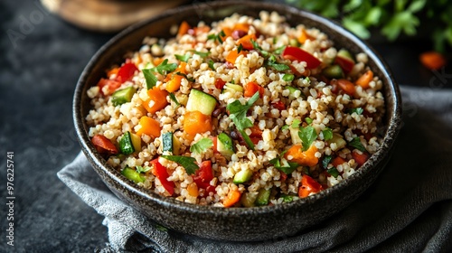 Close-up of a bowl of buckwheat with chopped vegetables.