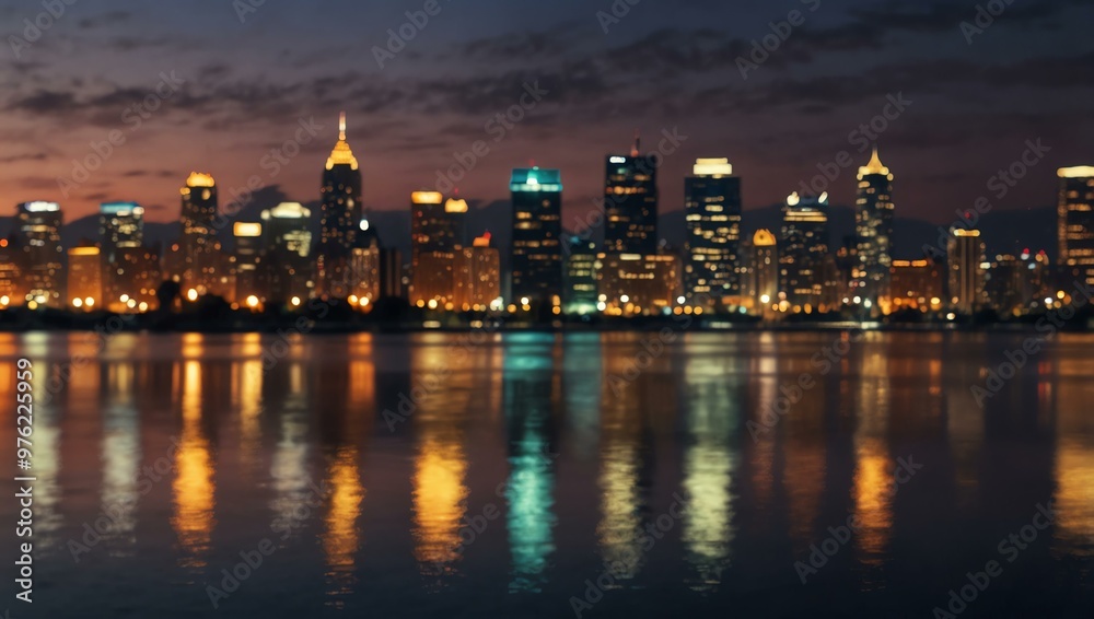 Twilight cityscape with bokeh lights and reflections. Twilight cityscape with bokeh lights and reflections.