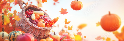 harvest cornucopia filled with autumn fruits and vegetables, surrounded by floating pumpkins with white background photo