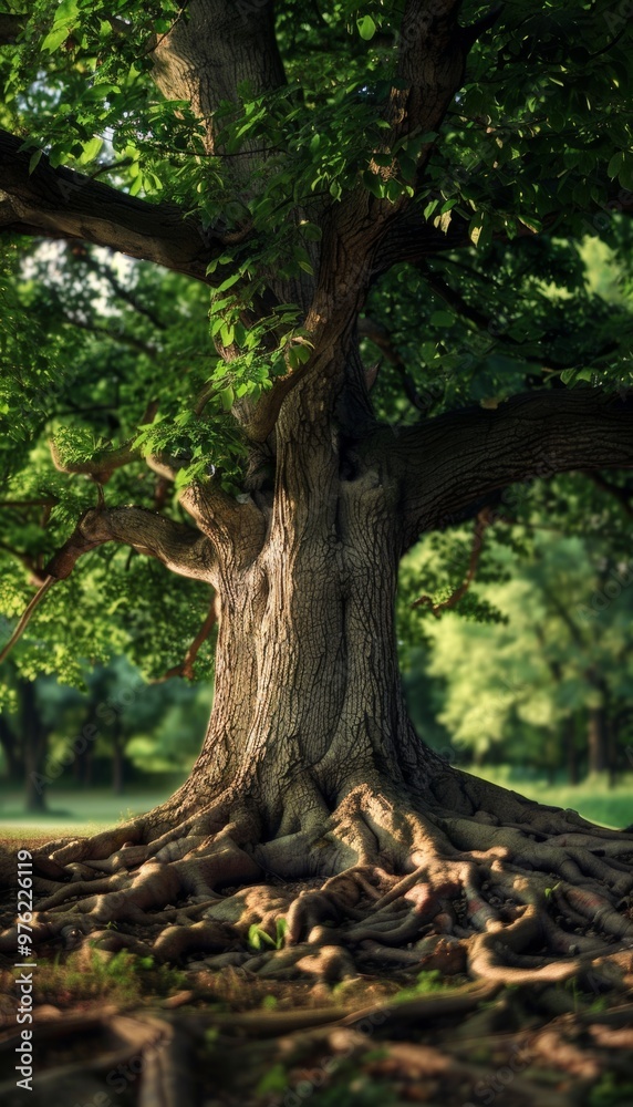 A majestic centenarian tree with a massive trunk sprawling roots stands proudly in a serene park A majestic centenarian tree with a massive trunk sprawling roots stands proudly in a serene park