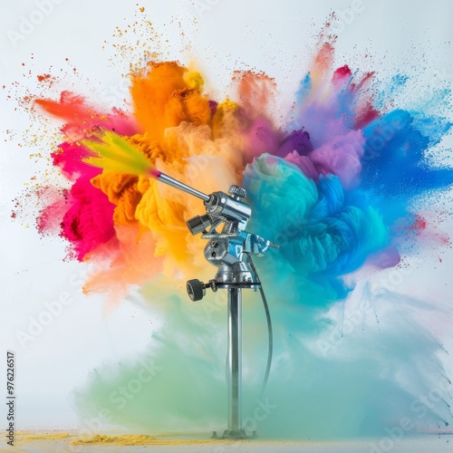 Professional chrome metal airbrush paint gun emitting a rainbow spray of Holi powder cloud against