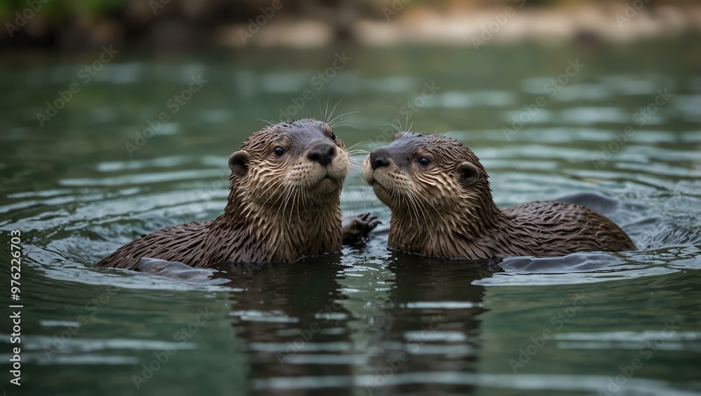 Two otters playing in the water. Two otters playing in the water.