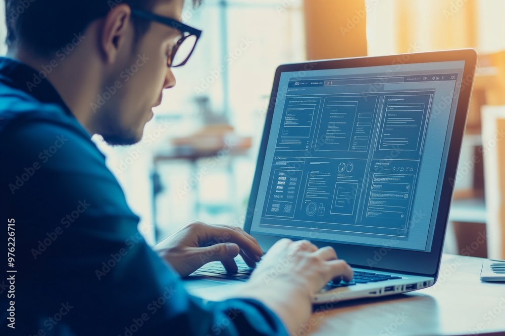 Developer working on laptop with software interface in modern office setting Developer working on laptop with software interface in modern office setting