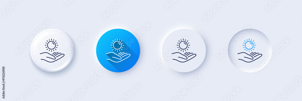 Sun protection line icon. Neumorphic, Blue gradient, 3d pin buttons. Skin care sign. Line icons. Neumorphic buttons with outline signs. Vector Sun protection line icon. Neumorphic, Blue gradient, 3d pin buttons. Skin care sign. Line icons. Neumorphic buttons with outline signs. Vector