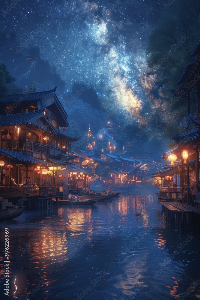 Obraz premium Three boats are floating on a river with a beautiful night sky in the background