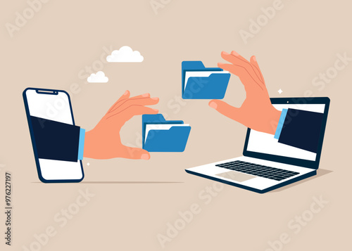 Exchange digital files folder. Files folders in the hands from the phone and laptop screen. Modern vector illustration in flat style. 
