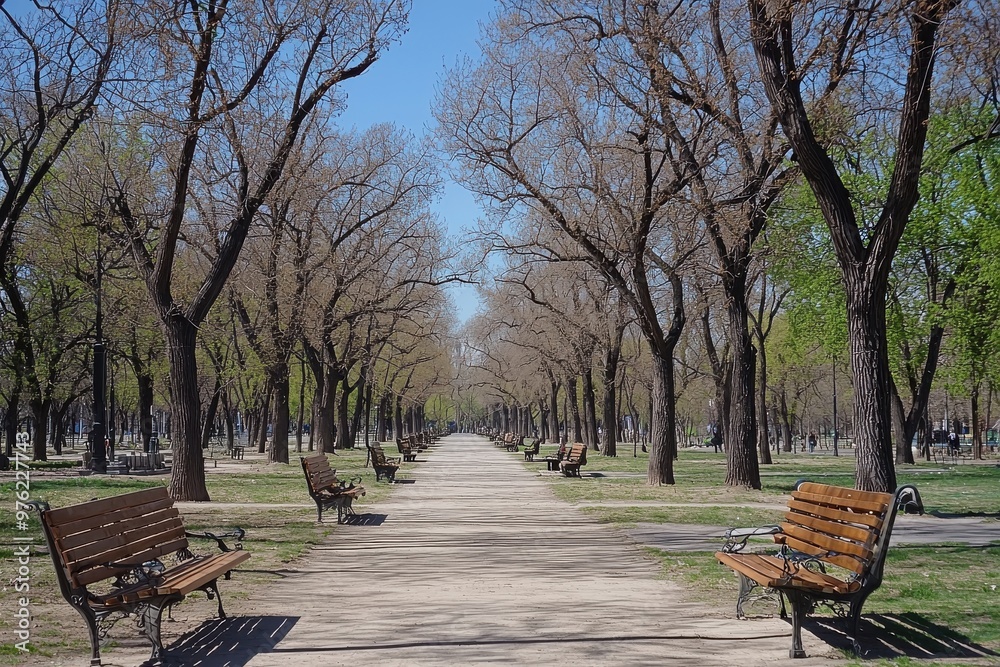Scenic park walkway lined with bare trees and benches under blue sky Scenic park walkway lined with bare trees and benches under blue sky