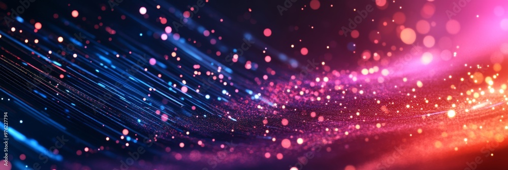 Fototapeta premium A dynamic digital background with flowing lines and sparkling lights, ideal for technology projects, AI, data analysis, and audio graphics, reflecting creativity and modern design for various media