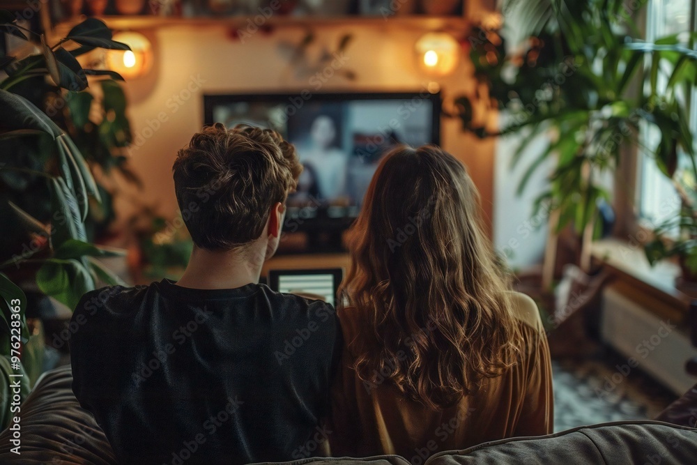 young couple sitting on their couch, watching their favorite TV show on a digital tablet connected to the television through wireless internet. young couple sitting on their couch, watching their favorite TV show on a digital tablet connected to the television through wireless internet.