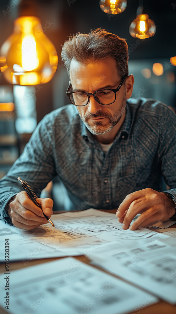Focused entrepreneur working on desk plans and ideas, glowing with success Focused entrepreneur working on desk plans and ideas, glowing with success
