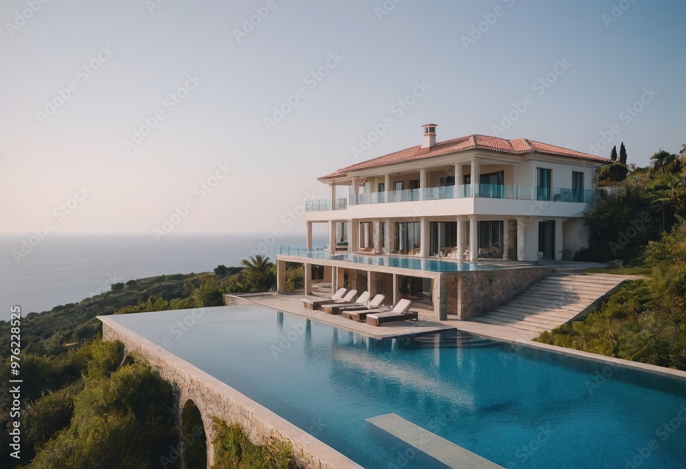 Fototapeta premium A beautiful white house with a refreshing pool in front