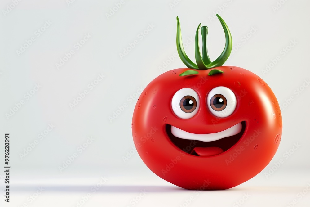 Cheerful tomato character with big eyes and a wide smile, vibrant red skin and green stem, playful and fun design, quirky and healthy personality on a light background, selective focus
Cheerful tomato character with big eyes and a wide smile, vibrant red skin and green stem, playful and fun design, quirky and healthy personality on a light background, selective focus