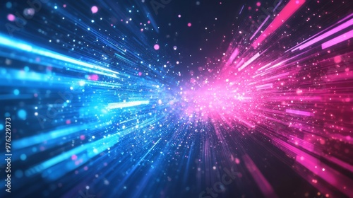 This artwork symbolizes digital data through vibrant blue and pink streaks, representing technology, intricate networks, modern storage solutions, and their interconnectivity in the digital realm