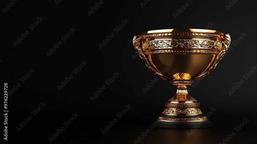 A gleaming golden trophy sits on a black surface against a black background. A gleaming golden trophy sits on a black surface against a black background.