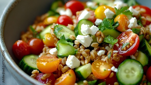 Close up of a salad with barley, cucumber, tomatoes, and feta cheese.