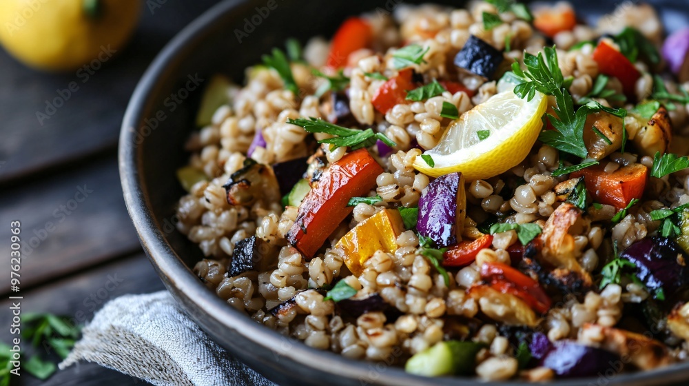 Close-up of a bowl of barley with roasted vegetables and a lemon wedge. Close-up of a bowl of barley with roasted vegetables and a lemon wedge.