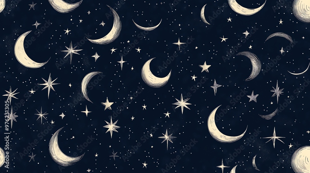 Naklejka premium Seamless pattern of hand-drawn moons and stars on a dark blue background.