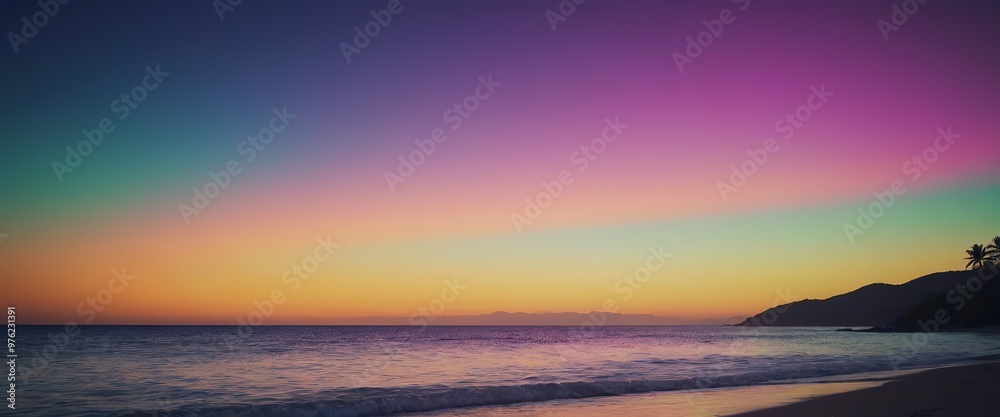 A tranquil beach scene at night adorned with palm trees and a vibrant purple sky