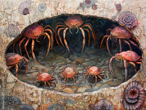 A Gathering of Crabs in a Shell: A Surreal Underwater Scene photo