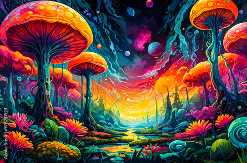 An intergalactic forest filled with exotic, oversized alien flowers and trees in bright watercolor oil painting vector art illustration. 