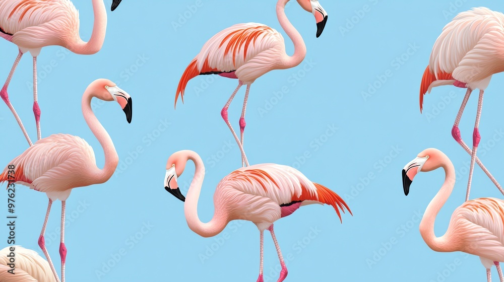 Obraz premium A pattern of pink flamingos on a light blue background.