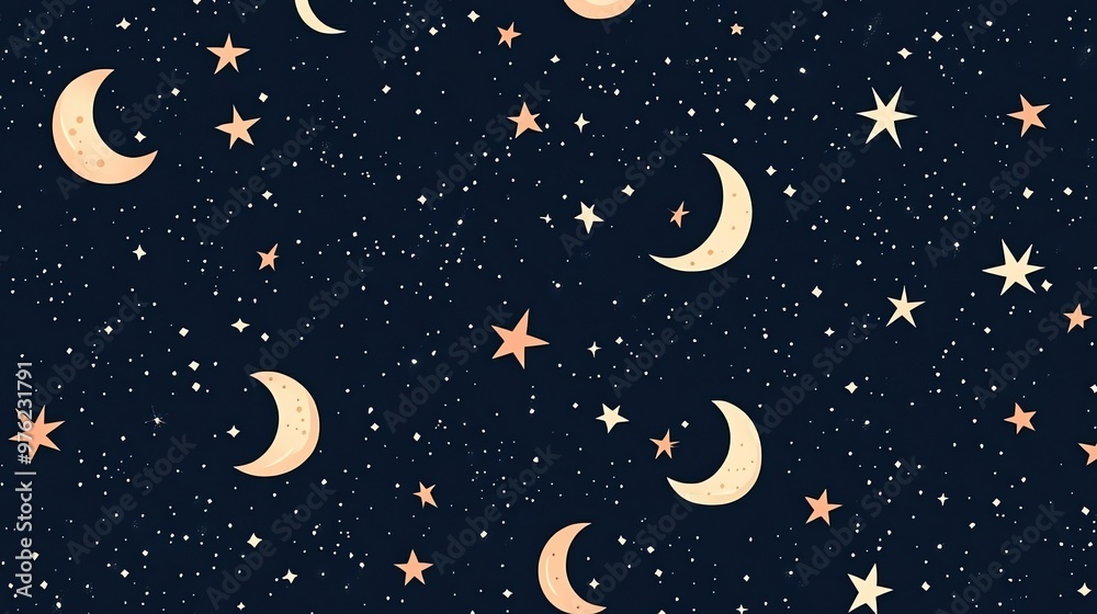 Naklejka premium Seamless pattern with moons and stars on a dark blue background.
