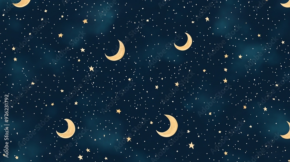 Naklejka premium A whimsical night sky pattern with moons and stars in gold on a dark blue background.