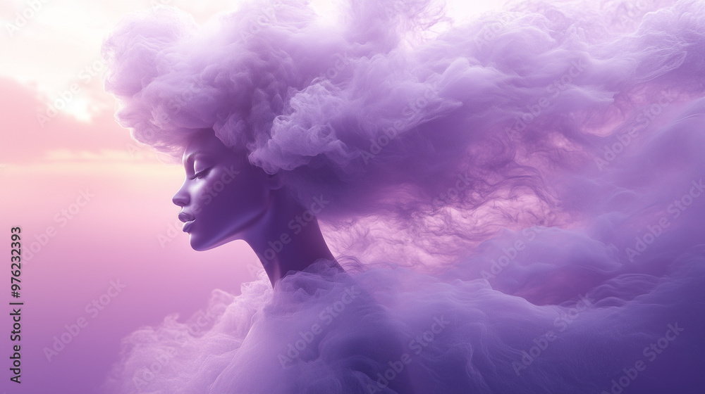 Young woman in the lilac clouds Young woman in the lilac clouds