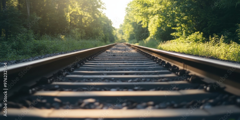 Obraz premium A serene image of railroad tracks stretching into a green, forested distance, symbolizing the journey ahead and the promise of new adventures, perfect for travel themes.