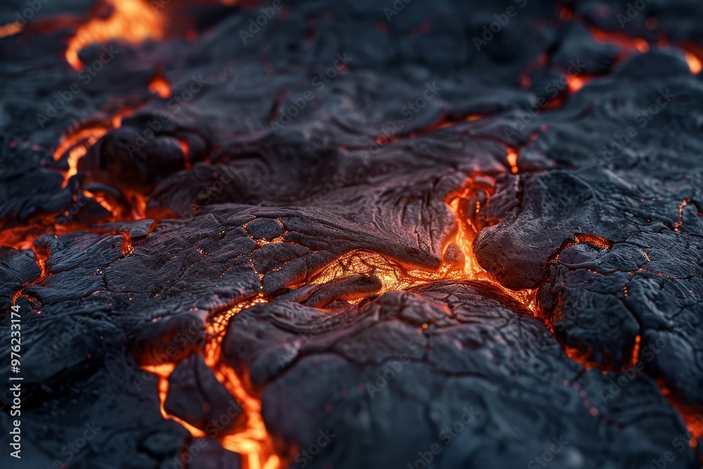 Lava streams carve through hardened rock, emitting an intense glow as they flow, illustrating the raw power of nature during a volcanic eruption at twilight. Lava streams carve through hardened rock, emitting an intense glow as they flow, illustrating the raw power of nature during a volcanic eruption at twilight.