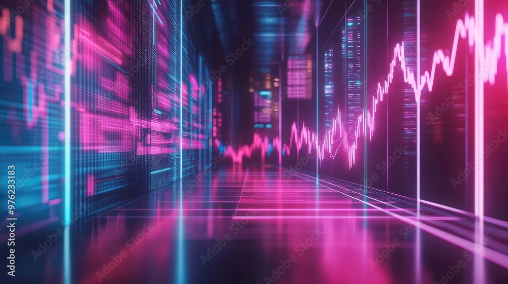 A futuristic corridor with glowing neon lights and data visualizations on the walls, creating a visually stunning and dynamic abstract backdrop. A futuristic corridor with glowing neon lights and data visualizations on the walls, creating a visually stunning and dynamic abstract backdrop.