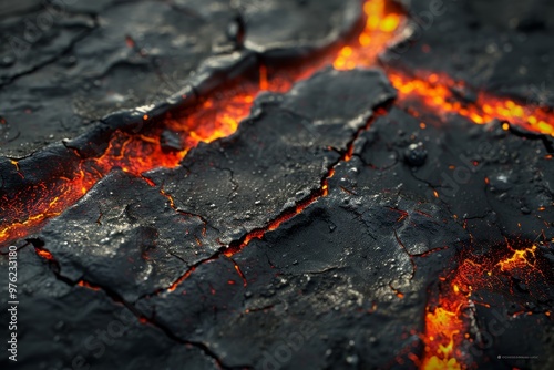 Magma flows across the desolate landscape, illuminating cracks in the blackened ground. The intense heat creates a mesmerizing glow, showcasing nature's raw power. photo