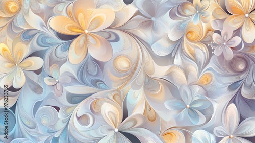Whimsical abstract floral design in soft peach, blue, and gray tones.
