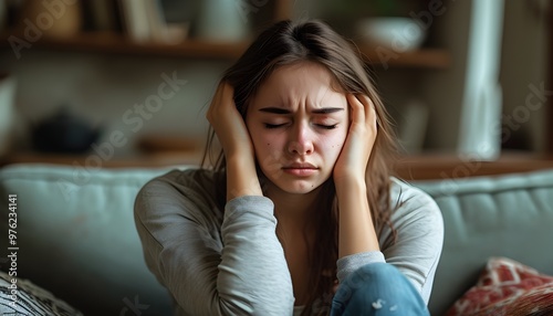 Distressed young woman on sofa, overwhelmed by pain, eyes closed, seeking solace in a cozy living room setting photo