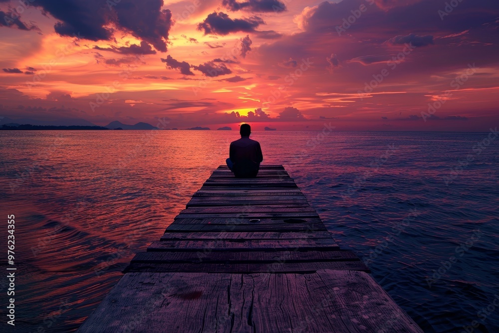 A person sits quietly on a wooden pier as the sun sets, casting brilliant colors across the sky and reflecting on the water's surface. A person sits quietly on a wooden pier as the sun sets, casting brilliant colors across the sky and reflecting on the water's surface.