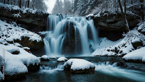 Waterfall in Slovenia surrounded by winter snow.