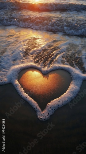 Heart-shaped tide pool at sunset on the beach