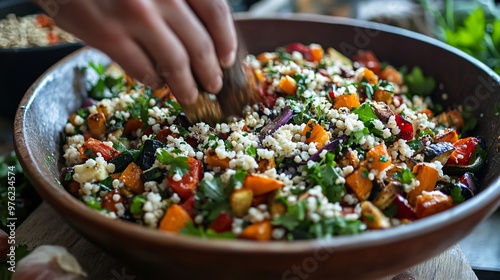 Close up of a person tossing a bowl of couscous with roasted vegetables and herbs. photo