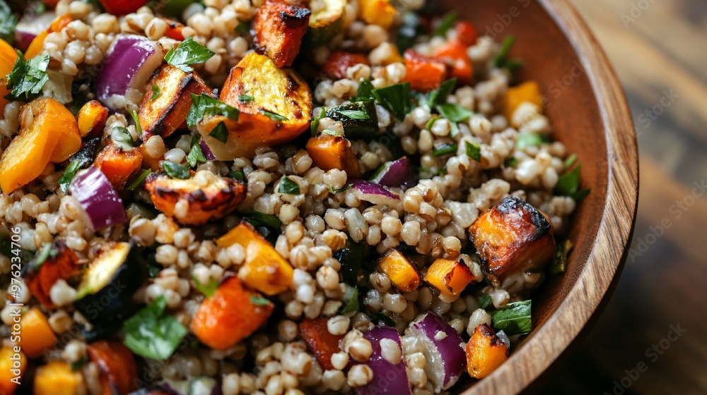 Close-up of a wooden bowl filled with a hearty salad of barley, roasted vegetables, and fresh parsley. Close-up of a wooden bowl filled with a hearty salad of barley, roasted vegetables, and fresh parsley.
