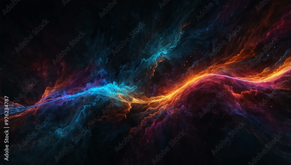 Wavy pattern of glowing pink, blue, and orange lines on a dark background.Abstract nebula with swirling blue and orange colors, capturing cosmic beauty. Wavy pattern of glowing pink, blue, and orange lines on a dark background.Abstract nebula with swirling blue and orange colors, capturing cosmic beauty.