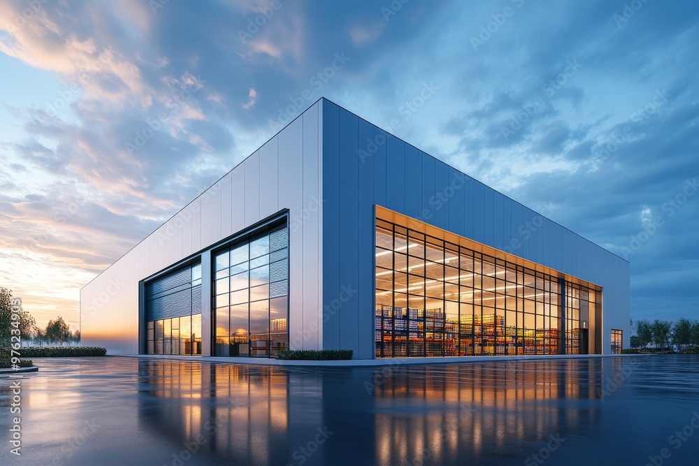 Modern Warehouse With Large Glass Windows Reflecting a Sunset Near a Quiet Road Modern Warehouse With Large Glass Windows Reflecting a Sunset Near a Quiet Road