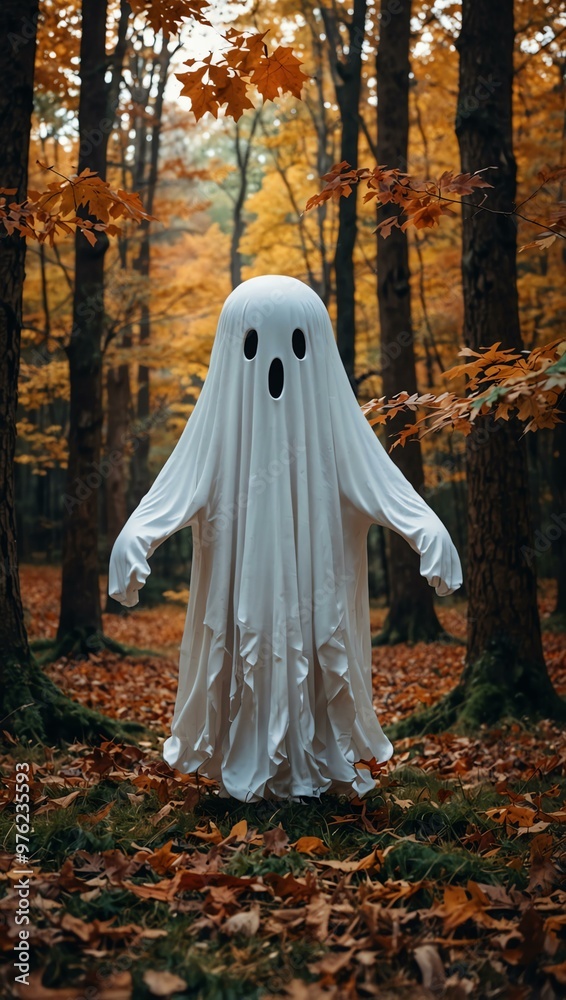 Whimsical ghost floating through an autumn forest Whimsical ghost floating through an autumn forest