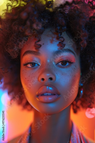 Close-up portrait of a young, beautiful woman with vibrant makeup and a stylish, cheerful look in a modern setting.